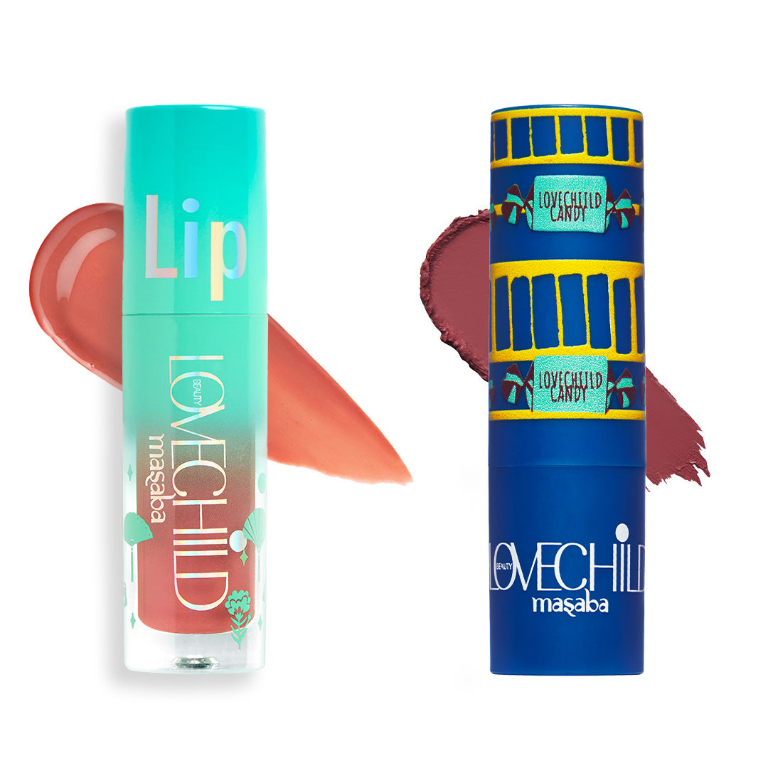 LoveChild Masaba Subtle Sunset Lips Combo - Guava Glitz and Mint to be Lip Oil & Bullet Lipstick